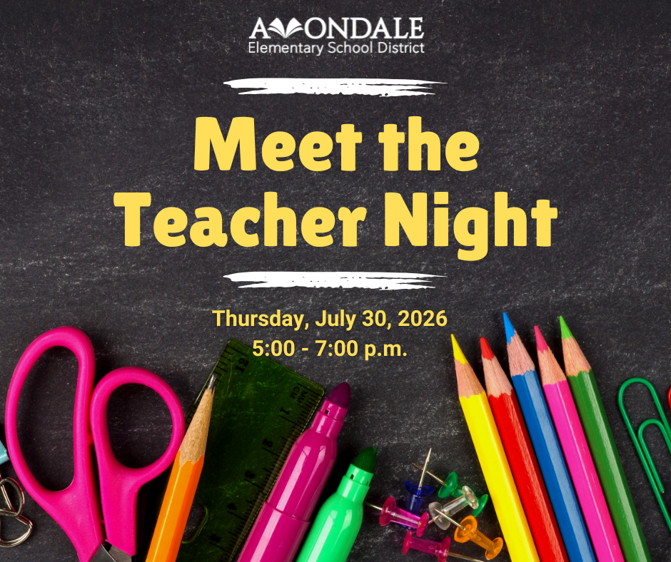 Graphic with the words Meet the Teacher Night, Thursday July 30, 2026 from 5-7 p.m. with pencils, markers, and scissors.